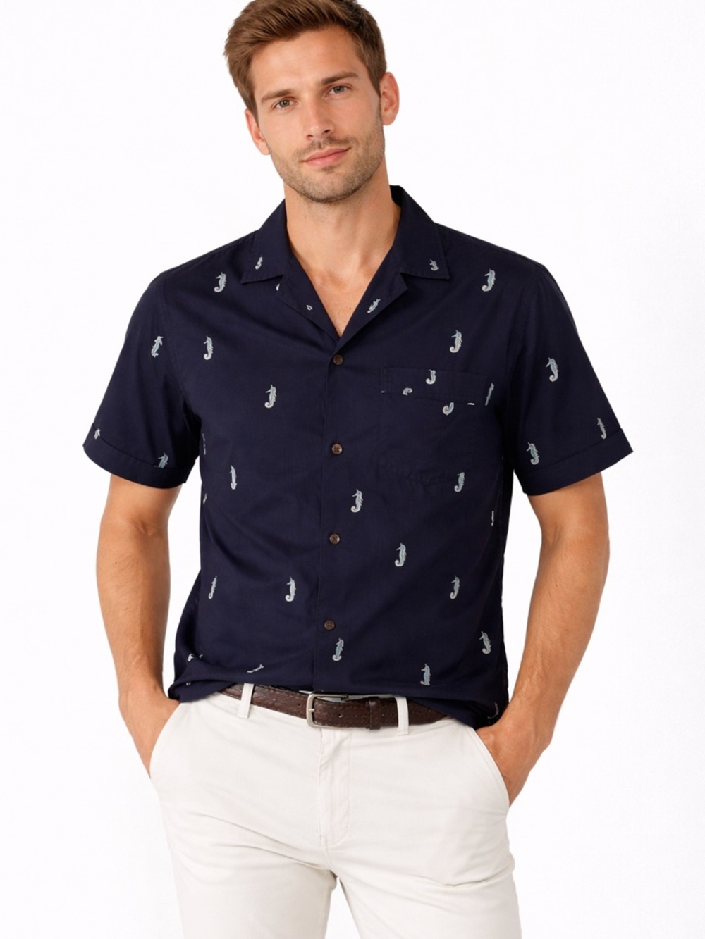 NWOT Men's Navy Seahorse Print Casual Shirt